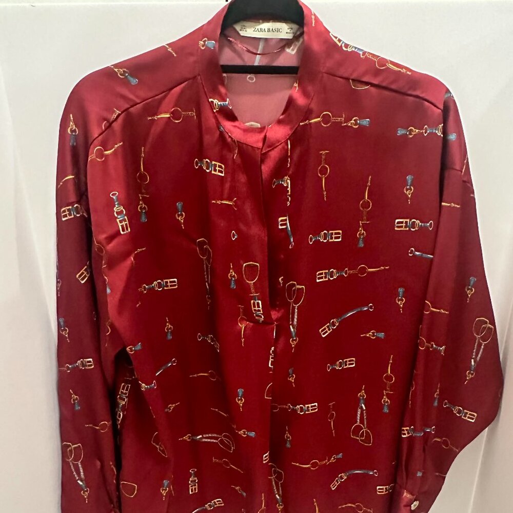Zara Long Sleeve Burgundy Blouse with riding stirrup/chain motif-Size L